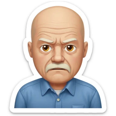 a portrait of angry elderly man, bald head, beard, wearing shirt sticker