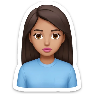 Brown girl with dark brown hair that’s straight and down with dark brown eyes and wearing a pastel blue shirt and pink lips sticker