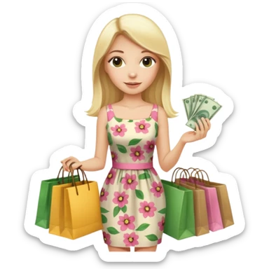 rich long straight hair blonde australian millionare woman holding a lot of money and shopping bags in both hands wearing cute floral dress sticker