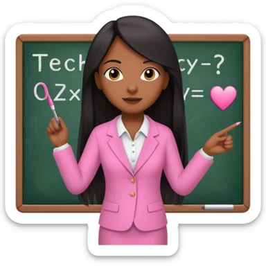 a brown skin teacher with hair with black straight long hair wearing pink not hot pink 2 piece set teaching up on a board the board  sticker