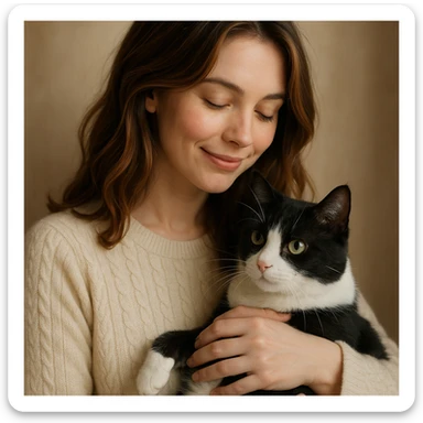 a woman with highlighted brown hair in a cream sweater holding a black and white cat, gentle and sweet atmosphere sticker