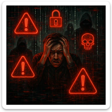 A surreal scene representing a cyber security nightmare: a person surrounded by glowing red warning symbols, shadowy hackers, and streams of binary code, with a sense of chaos and digital threat. sticker