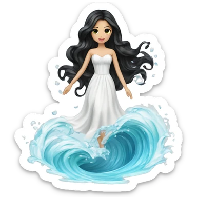 Pretty young Lady doll posing posed pose with long black hair flowers in hair white dress surrounded by flowing water water swirls waves sticker