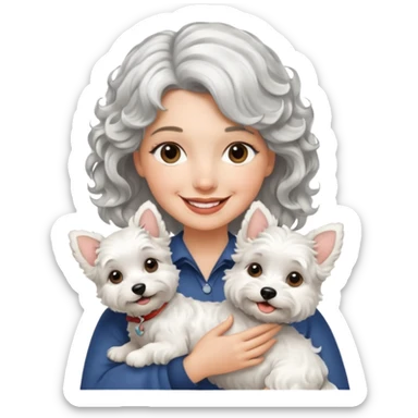 silver, short, wavy-haired with loose curls, smiling pretty lady holding a westie dog sticker