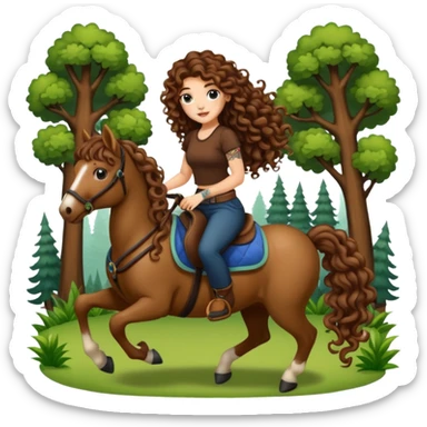 cute woman long curly brown hair tattoos riding forest pony sticker