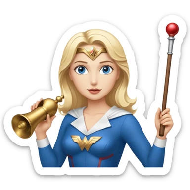 Blonde blue eyes Wonder Woman holding bell and short white orchestra conductor’s baton  sticker