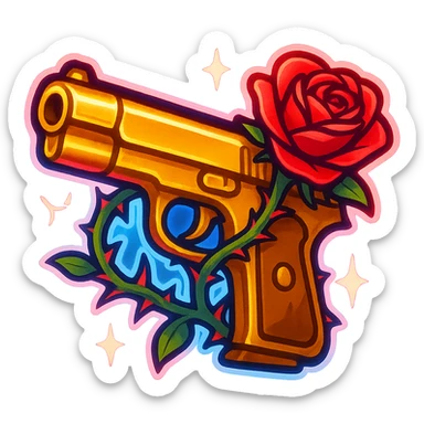gold pistol wrapped in thorny rose vines, dramatic neon glow, Baz Luhrmann style, chibi weapon icon, love and violence symbolism, discord emoji size sticker
