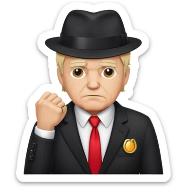 Generate me a white old man with blonde hair in a black suit and white shirt with a red tie. Put him in handcuffs. He should be wearing a red hat and frowning sticker