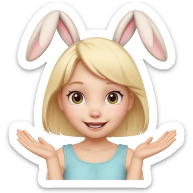 A playful blonde female cartoon character with wide, mischievous eyes, smiling, bunny ears accessory, dynamic pose suggesting movement, pastel colors, minimalistic and cute emoji style. sticker