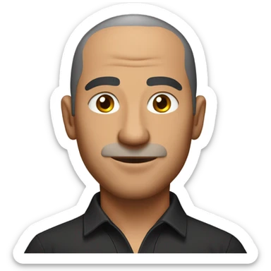 A middle-aged Italian man with olive-toned skin with buzz cut hair and no facial hair. He is wearing a sleek black smart shirt, casually unbuttoned at the top. sticker