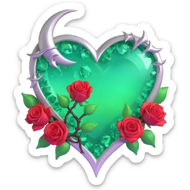 gothic heart made of emerald ice glass, silver crescent moon, jade roses, holographic stardust, neon green lightning, drenched and splintered glass sticker