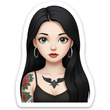 an ios genmoji for a fair girl with black long hair  tattooed, beautiful girl sticker