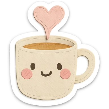 coffee cup with cute heart-shaped steam, blushing cheeks, soft pastel hand-drawn style sticker