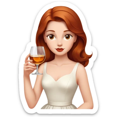 oval face Beautiful woman in 1950’s woman fashion look, no jewelry, white dress, long auburn hair, whisky sticker