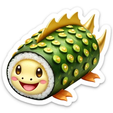 Cute Kawaii Dragon Roll, long and curled like a tiny dragon, bright green avocado scales, happy smiling face, chubby round body, sparkling golden sushi eyes! sticker
