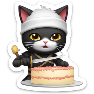Ninja cat cuts a cake with a katana sticker