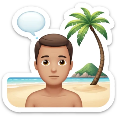 a guy with a relaxed face, thought bubble showing a tropical beach, dreamy atmosphere sticker