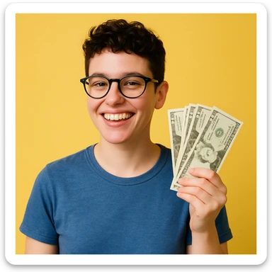 A smiling agender person with nerdy glasses, holding cash in one hand, androgynous look, casual style, happy vibe. sticker