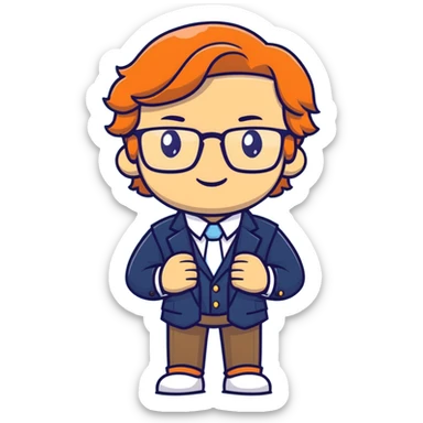 Professional economics channel mascot with shoulder-length wavy light brown hair, rectangular glasses, navy blazer, light blue shirt, empty hands, confident stance sticker