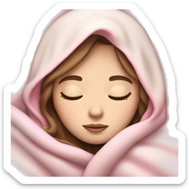 pale skin brown haired girl with white and pink blanket around head with eyes closed sleeping sticker