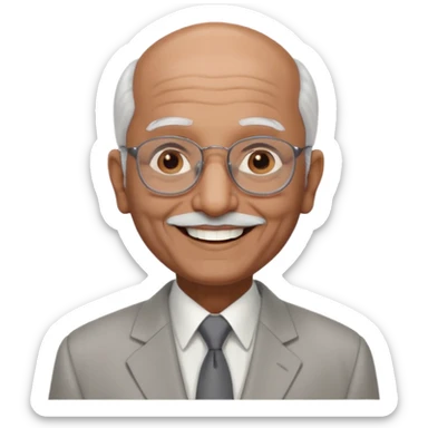 70 yr old indian man, almost bald, some white hair, light grey business suit, big smile, dark brown skin, no moustache, dark brown eyes, glasses
 sticker