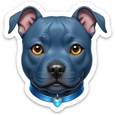 Cinematic Cute Blue Staffordshire Bull Terrier Portrait Emoji, Head tilted playfully and inquisitively, featuring a glossy blue Fur with a healthy sheen, round, sparkling dark eyes filled with curiosity, Simplified yet irresistibly adorable features, highly detailed, glowing with a warm, friendly glow, high shine, affectionate and spirited, stylized with a touch of whimsy, bright and endearing, soft glowing outline, capturing the essence of a mischievous yet loving pup, so playful it feels like it could bound out of the screen and into your arms! sticker