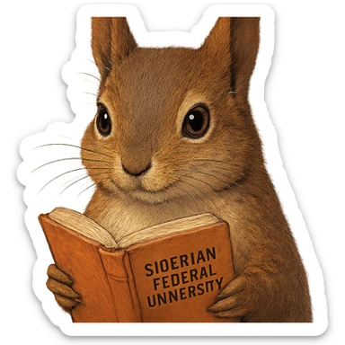 A cute brown squirrel with an orange book, studying at Siberian Federal University, close-up of the face, detailed fur, intelligent and beautiful sticker