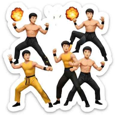 Icon for Action Movies: Collage of Arnold Schwarzenegger, Sylvester Stallone, Bruce Lee, and Jackie Chan in iconic action poses, surrounded by explosions, weapons, and martial arts moves. The design should capture the high-energy, dynamic nature of their films. Transparent background. sticker
