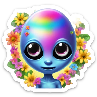 Lisa frank rainbow alien with big oval head and big black eyes with flowers sticker