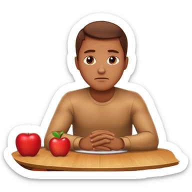 a man sits sadly at a table with a burning house behind him, apple style emoji sticker