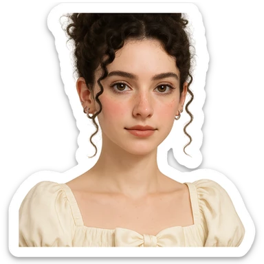 Portrait of a cute white-skinned girl with a V-shaped face and slim build, dark brown curly hair up to shoulder blades styled in a messy bun with two curly strands and a mini curl in front of each ear. Large almond-shaped brown eyes with a neutral to positive gaze, very long lashes, subtle straight brown eyeliner, brown waterline. Medium Greek nose, straight and slightly thick brown eyebrows, medium lips with light brown lipstick. Noticeable cute pink blush, few freckles on cheeks and nose, wearing coquette style clothing. Piercings: 1, 2, 3 lobes, helix and tragus on each ear. Neutral background. sticker