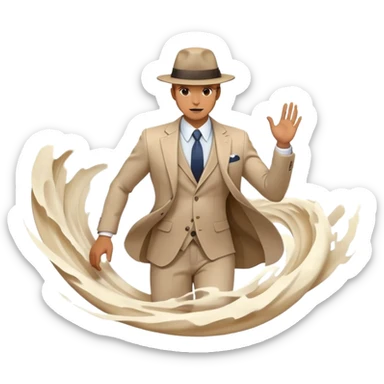 Ethereal male silhouette with suit jacket and hat, surrounded by flowing energy waves and subtle style elements, masculine fashion inspiration sticker
