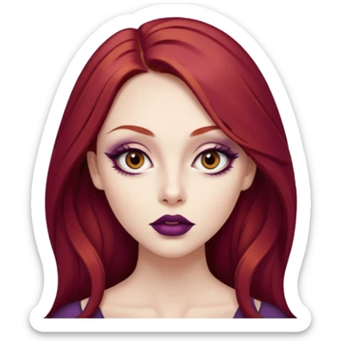 A young woman with long, deep red hair and smooth porcelain skin. She has large, expressive eyes accentuated by winged eyeliner and warm-toned eyeshadow. Her full lips are painted with deep plum lipstick. realistic style, high detail. sticker