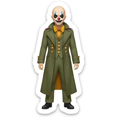 evil clown, bald, small black horns on forehead, fangs, pointed ears, eye patch over one eye, long coat over black and military green leisure suit with bellbottom pants, realistically proportioned, less bulky, full body, battle-ready, fighting posture sticker