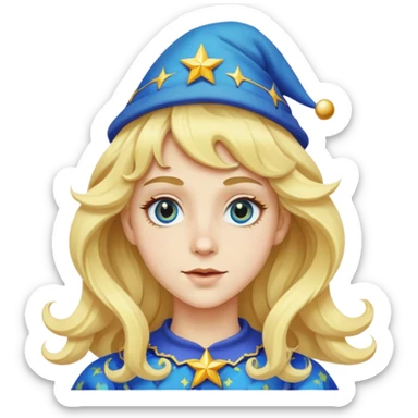 A white emoji with jester blue and yellow hat and blonde long wavy hair with a bang and large star eyes  sticker