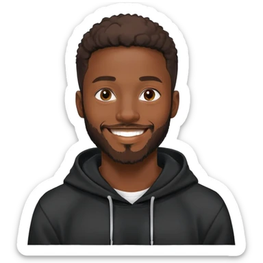 African yound man in his late 20s with a  bright smile with a short boxed beard, black hoody sticker