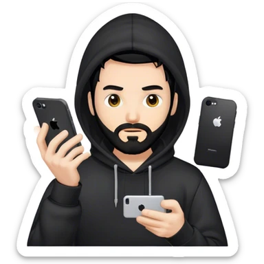 hackeur blanc cheveux noir barbe et capuche noir avec un iphone sticker
