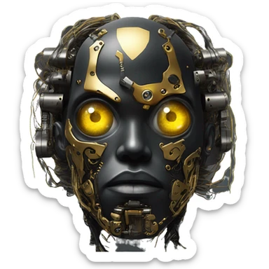 black metal male cyborg head with  one artificial eyeball, circuitry, goatee and dreaded yellow gold hair sticker