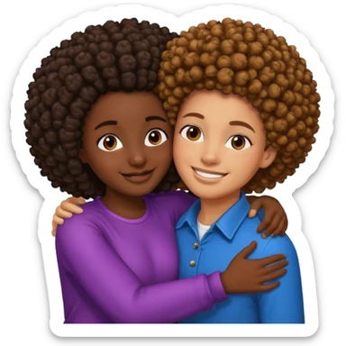 A dark skin curly Afro girl hugging a brown skin guy with Afro fade with  sticker