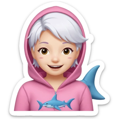 cute girl with white hair in a pink shark onesie, winking and smiling sticker