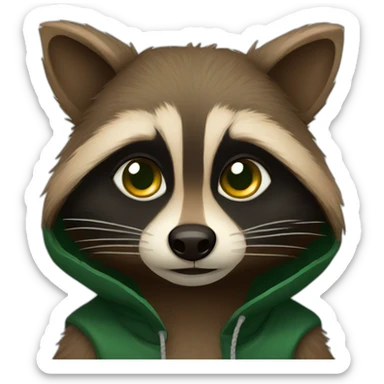 brown raccoon with orange eyes and a dark green hood that is crying sticker