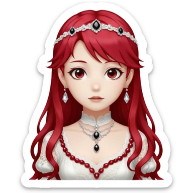 Beautiful shiny ethereal Gorgeous Anime Lady with dark hair and red hair streaks with a beautiful white silky lace dress and rubies and onyx gems  sticker