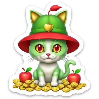 An alien cat with a red apple hat with cash all around it sticker