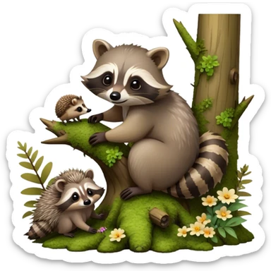 Collage of an exotic raccoon and a hedgehog, both curiously exploring a forest setting with moss and small flowers. The raccoon is perched on a tree branch, and the hedgehog is nestled in the underbrush. Vibrant nature backdrop. Transparent background. sticker