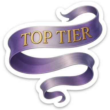 An elegant, flowing ribbon in a vibrant gradient of purple and silver, with the words 'TOP TIER' embossed in a sophisticated, slightly raised gold lettering, no background sticker