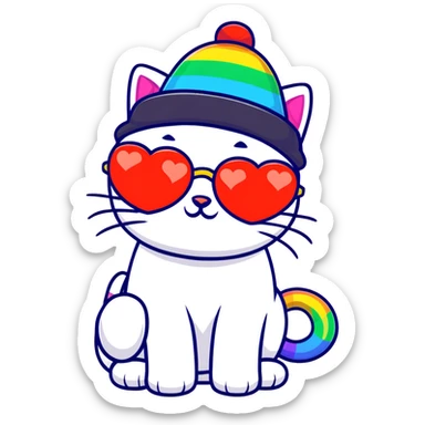 cat wearing a rainbow beanie and heart-shaped sunglasses sticker