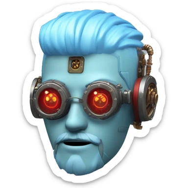  Short light blue haired male cyborg head with light blue beard, red steampunk goggles and circuits sticker