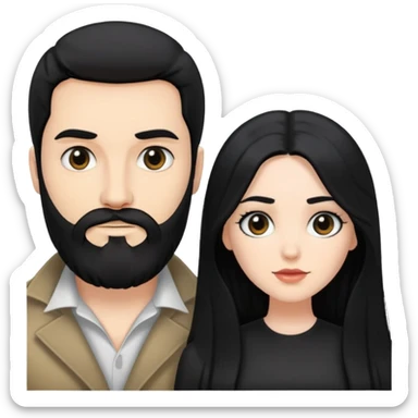 couple of newlyweds, white skin man with black hair and black beard; white skin woman with long black hair and black eyes sticker