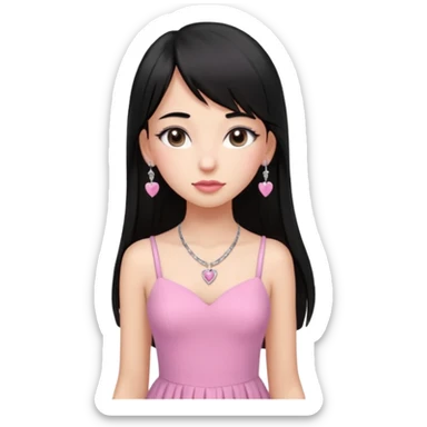 Cabelos pretos longos lisos ,com franja curvada .olhos pretos puxadinho para cima. Cílios longos curvados. Pele clara ,nariz pequeno ,lábios carnudos ,adolescente 16 anos ,vestido rosa de alça, colar de coração prata ,brinco de diamante sticker
