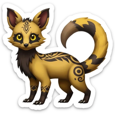 Rare warm-colored exotic cute epic aesthetic gothic colorful Salandit-Eevee-Civet-species-Fakemon-hybrid-creature, with tribal tattoo markings, full body sticker